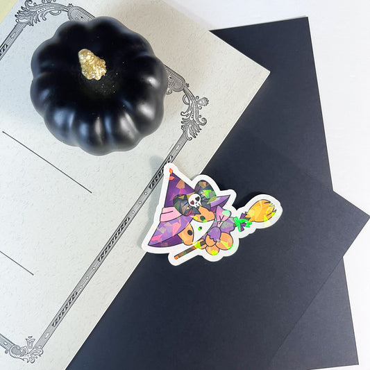 Halloween Witch Corgi Holographic Vinyl Sticker