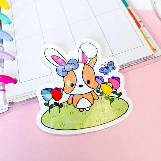 Bunny Cookie with Tulips Holographic Vinyl Sticker